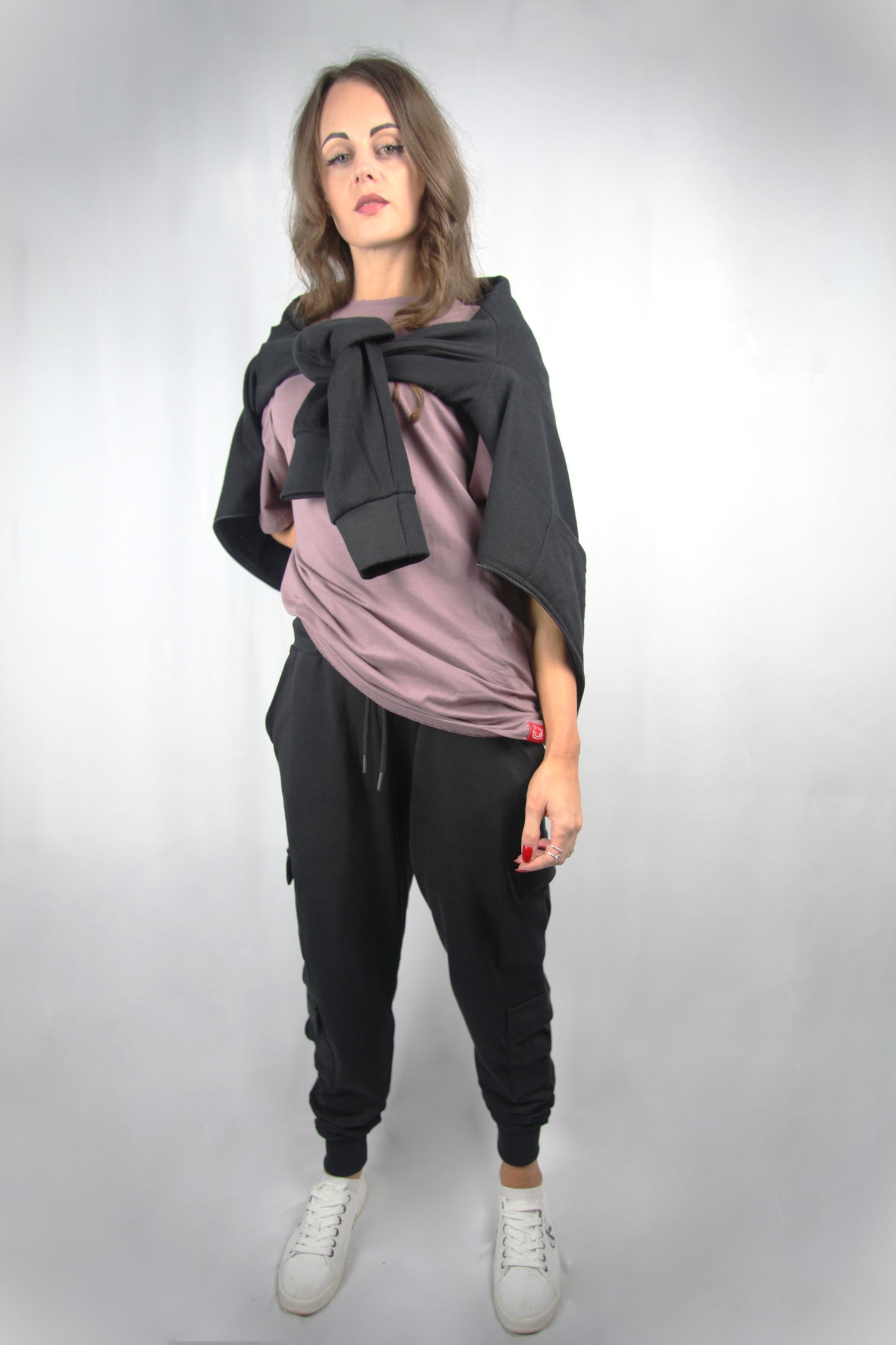 Black cotton cargo front right view female only
