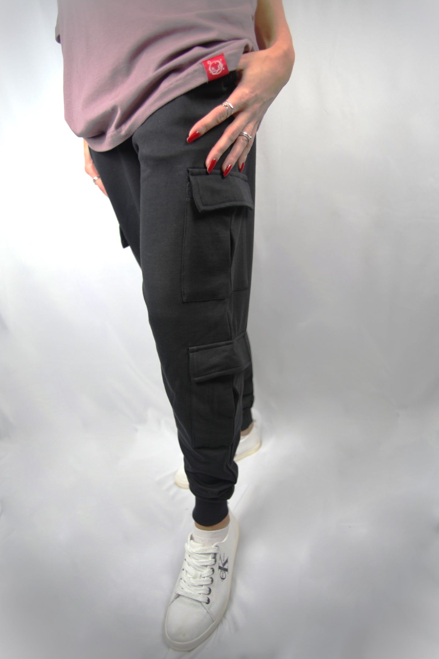 Black cotton cargo left side view female