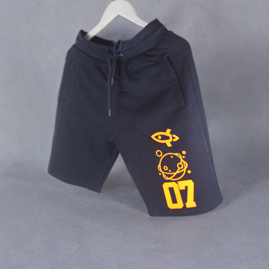 Reflective Print Logo- Navy Blue Cotton zipped Shorts