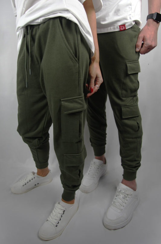 Olive Green Cotton Cargo Pants front view