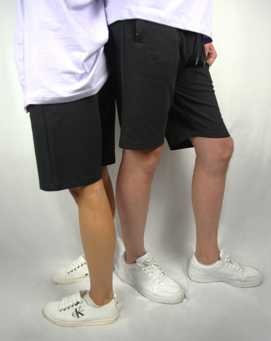 Black Cotton Shorts with Zipped pockets male and female together side view