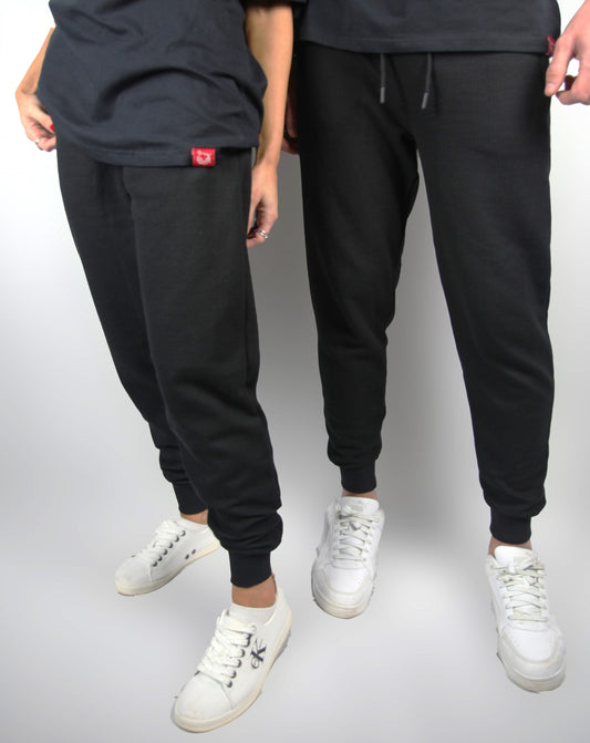 Black Cotton Joggers with Zipped pockets male and female together left side view