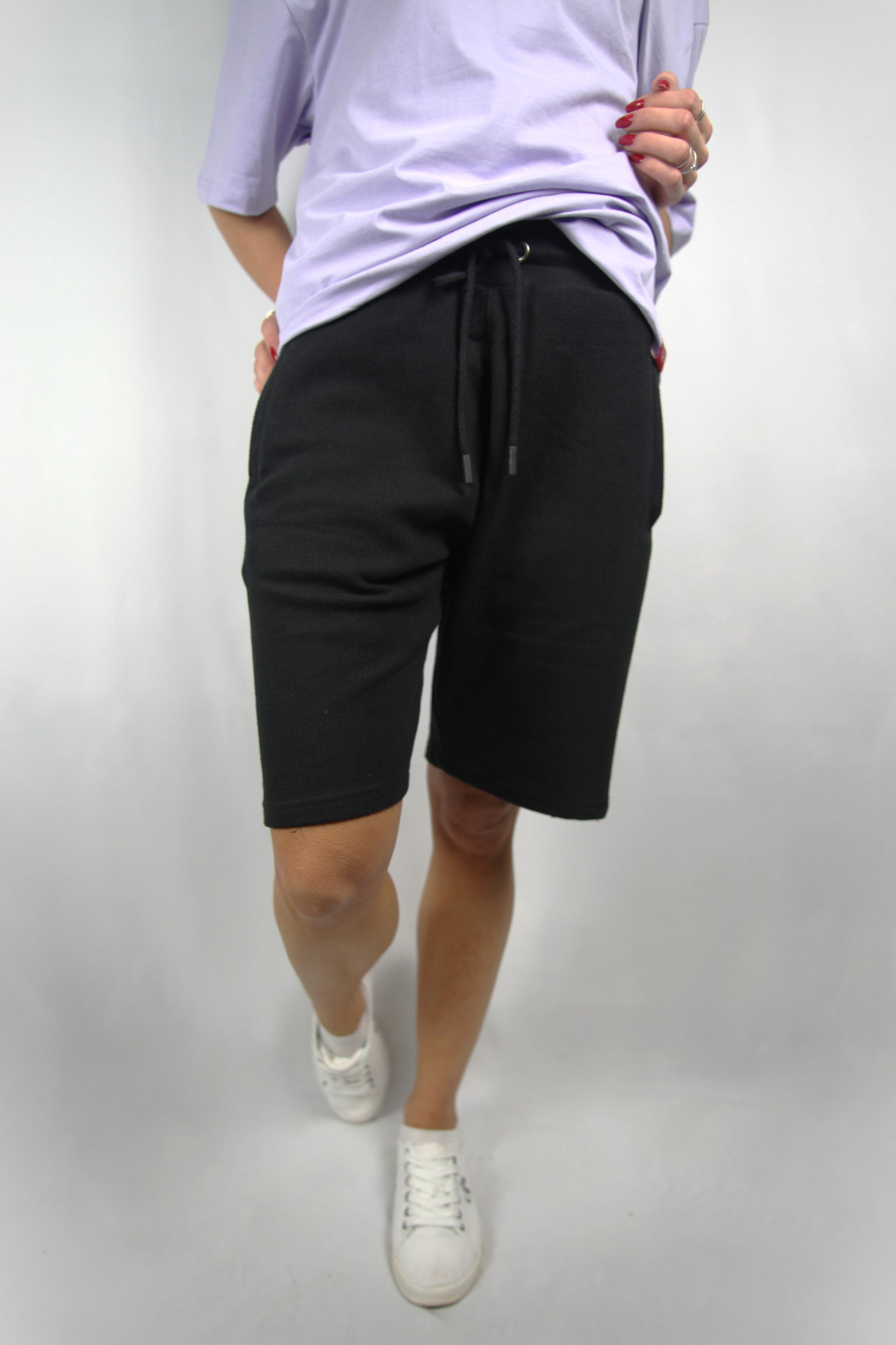 Black Cotton Shorts with Zipped pockets female only front side view